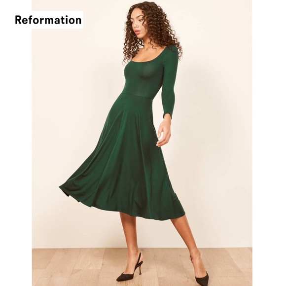 Reformation Dresses & Skirts - Reformation Lou Midi Dress Emerald Green XS Long Sleeve A Line Fit and Flare